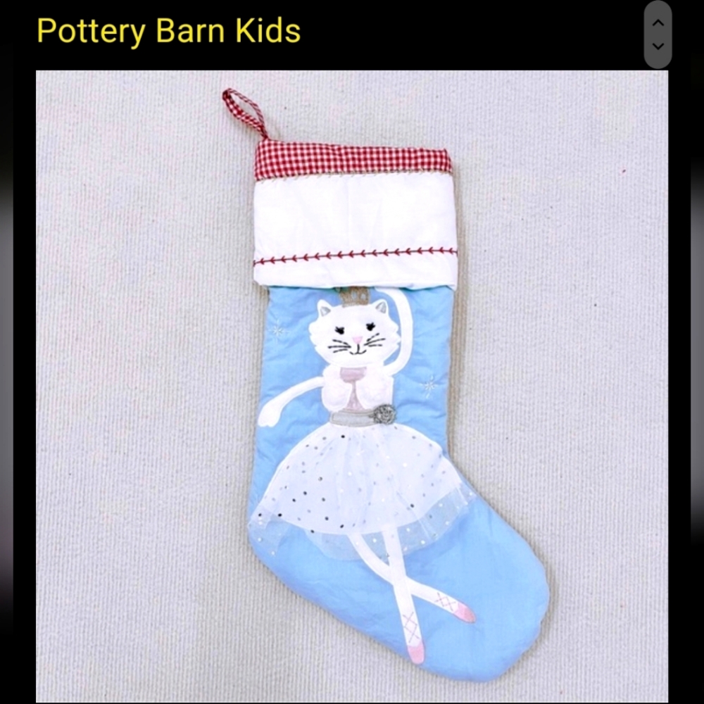 New Pottery Barn Cat ballerina Quilted Christmas Stocking Blue kitty